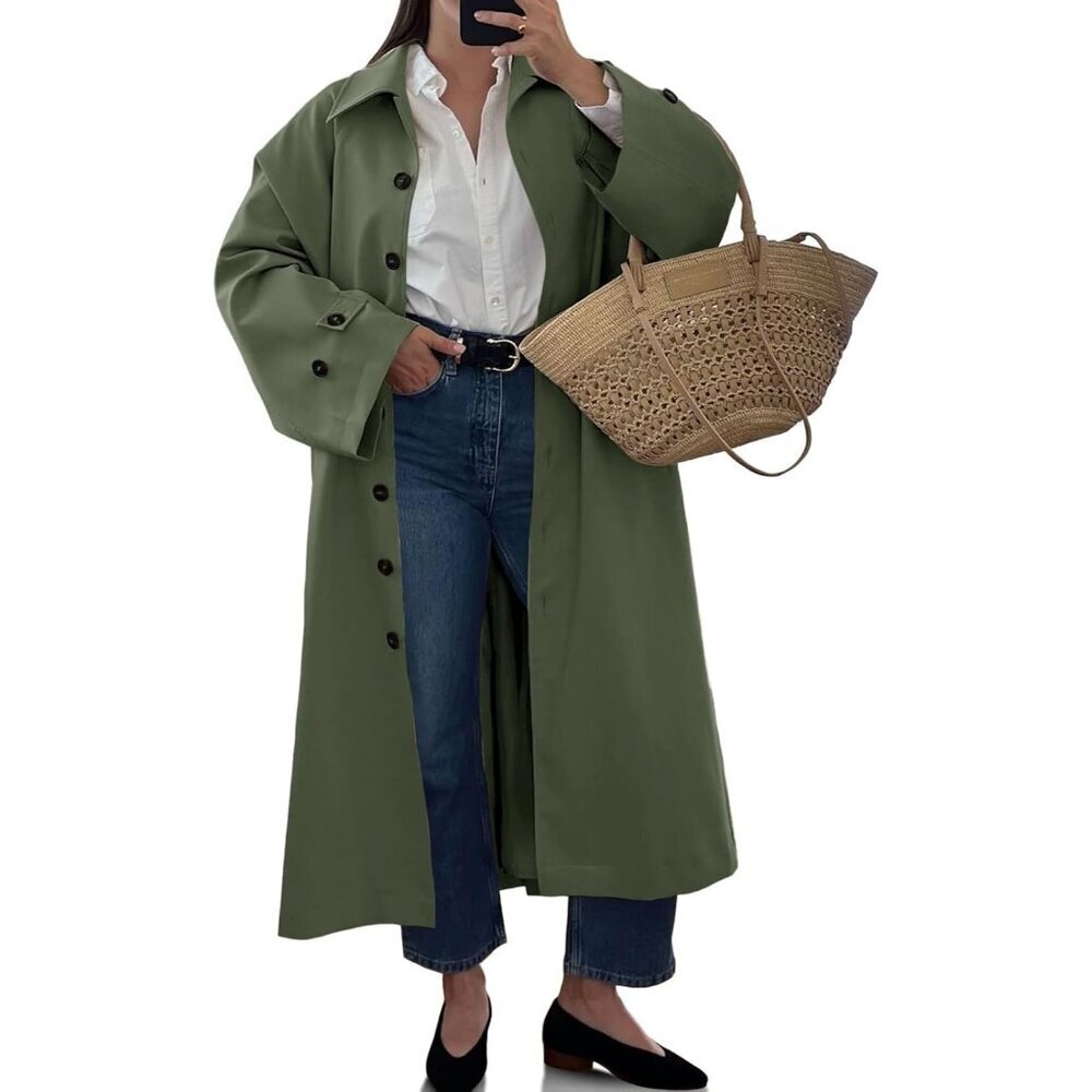 Women Green Long Trench Coat Single Breasted Oversized Windproof Fall Overcoat - Picture 2 of 4